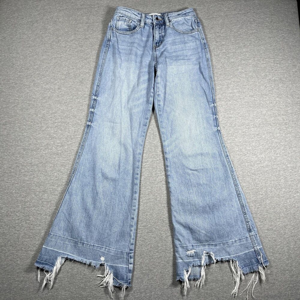 Flying Monkey Jeans Womens 24 Blue Flared High Rise Distressed Raw Hem Denim